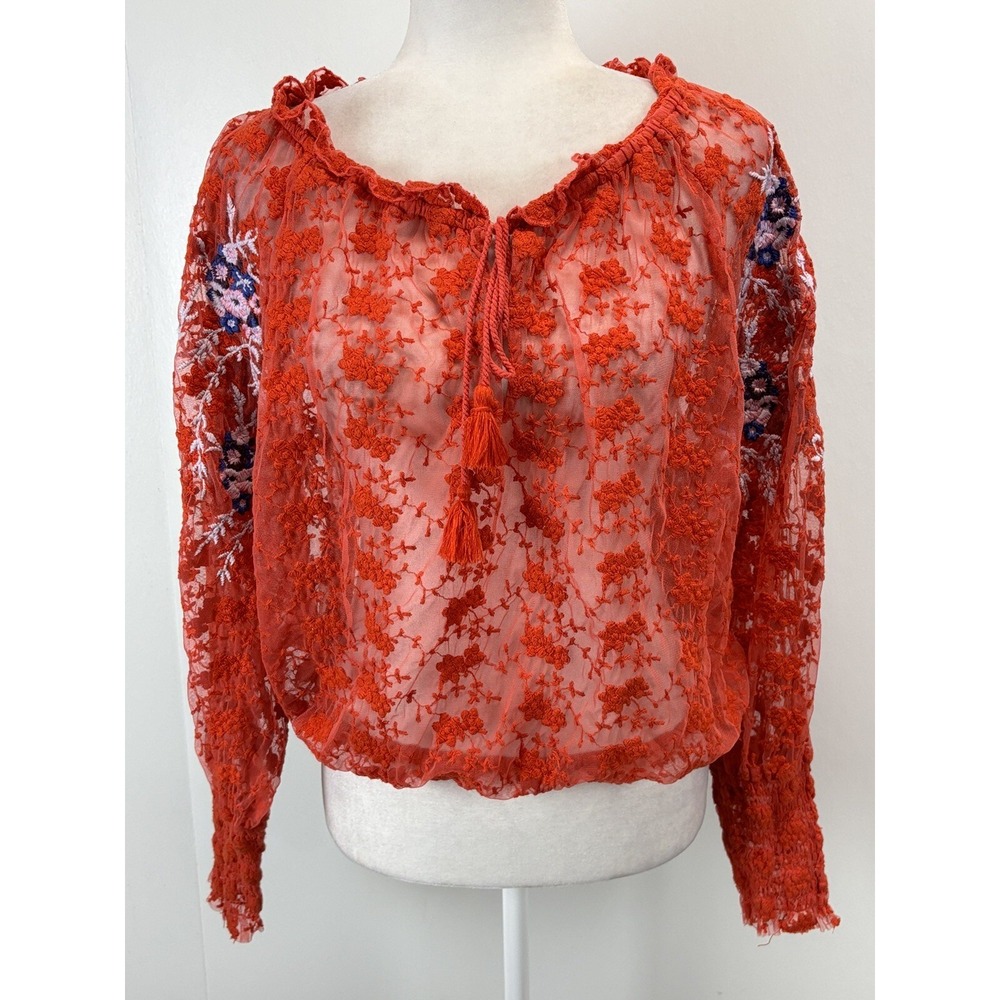 Free People Jubilee Top Shirt Sz Small Red Lace Floral Embroidered Tulle Boho